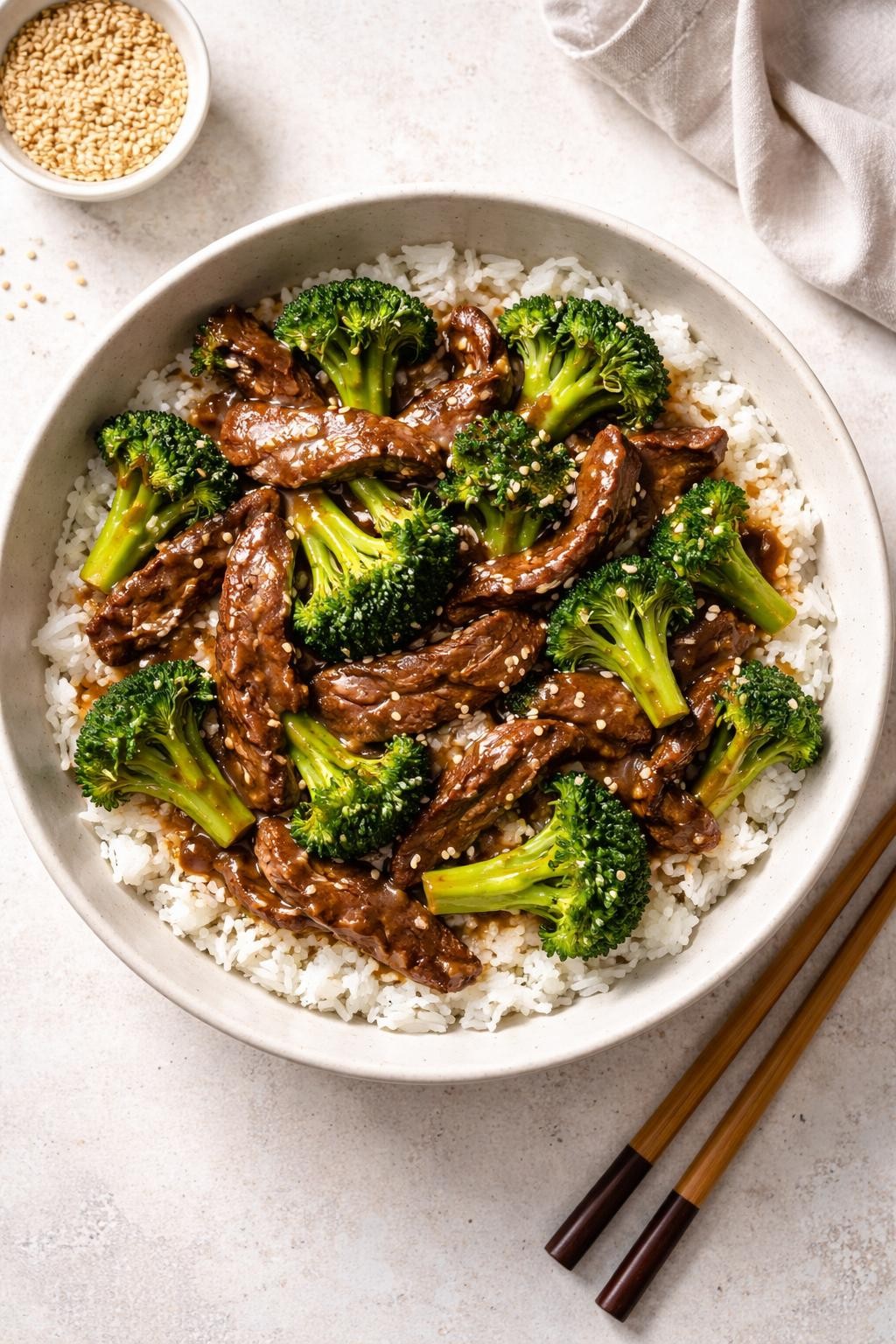 Prompt: Realistic top-down editorial food photography of a large bowl of beef and broccoli stir-fry, with thinly sliced flank steak and bright green broccoli florets coated in a glossy brown sauce, served over white rice. A pair of chopsticks rests beside the bowl. Bright kitchen light, faster-than-takeout Asian dinner, no people, no hands, no text, no watermarks, no props with writing.