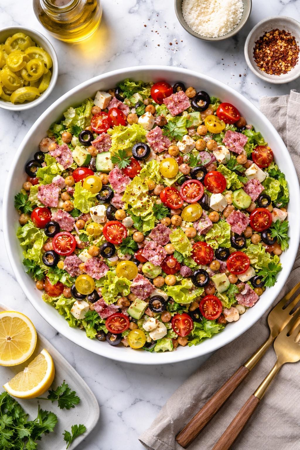 An overheard picture view of a plate of Zesty Italian Chop-Chop Salad with Pepperoncini sitting on a marble countertop table in the kitchen, professional food photography style.
