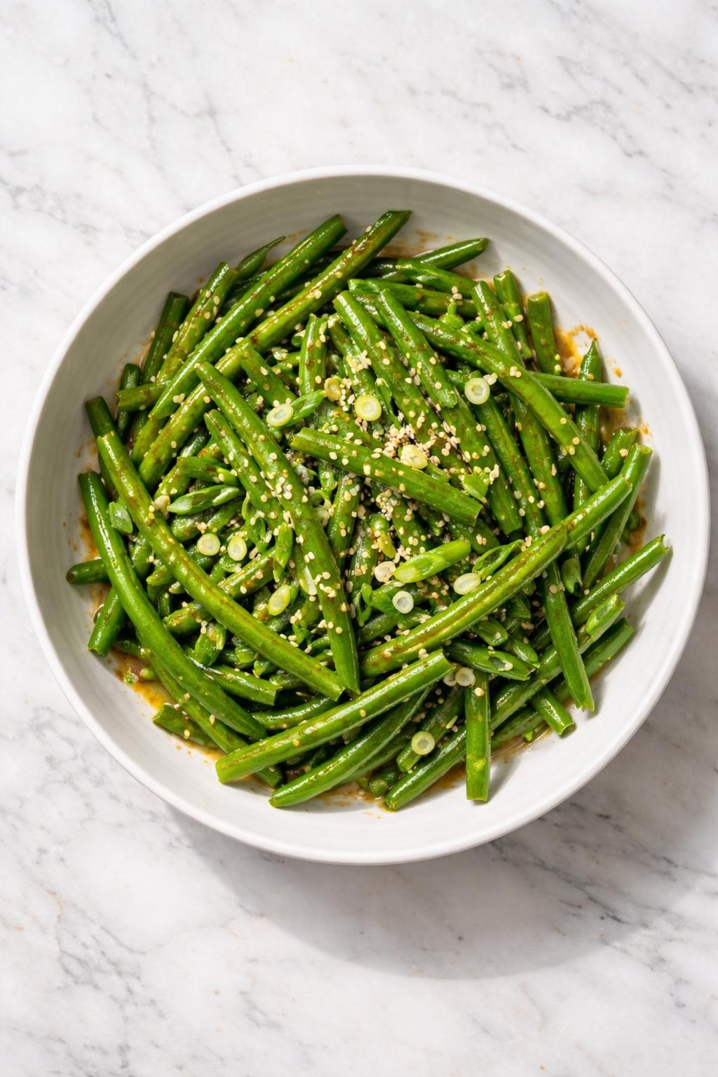 Image Prompt: Realistic top-down editorial food photography of a cold sesame green bean salad in a shallow white bowl on a light marble countertop, chilled green beans coated lightly in sesame soy dressing with sesame seeds and sliced green onions, bright natural daylight, soft shadows, clean editorial food styling, realistic textures, no people, no hands, no text, no watermarks, no props with writing.