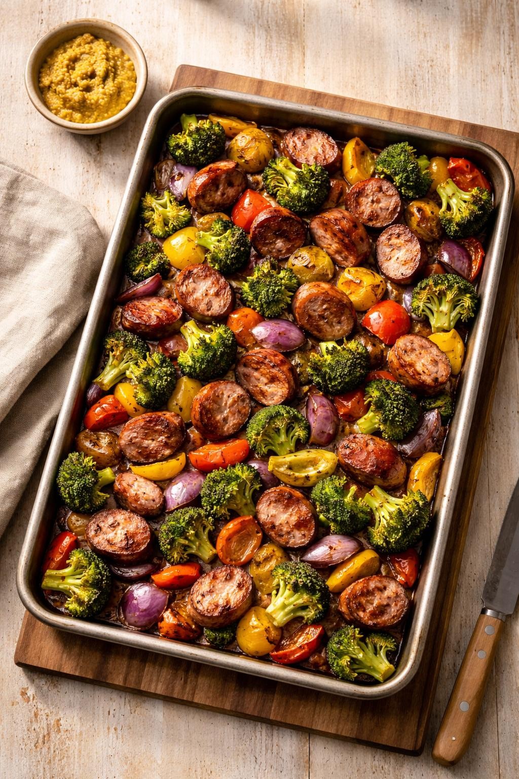 Prompt: Realistic top-down editorial food photography of a sheet pan loaded with sliced smoked sausage, bell peppers, red onion chunks, and broccoli florets, all roasted until slightly charred. The pan sits on a wooden trivet. A small bowl of mustard is nearby. Warm natural light, easy and colorful weeknight dinner, no people, no hands, no text, no watermarks, no props with writing.