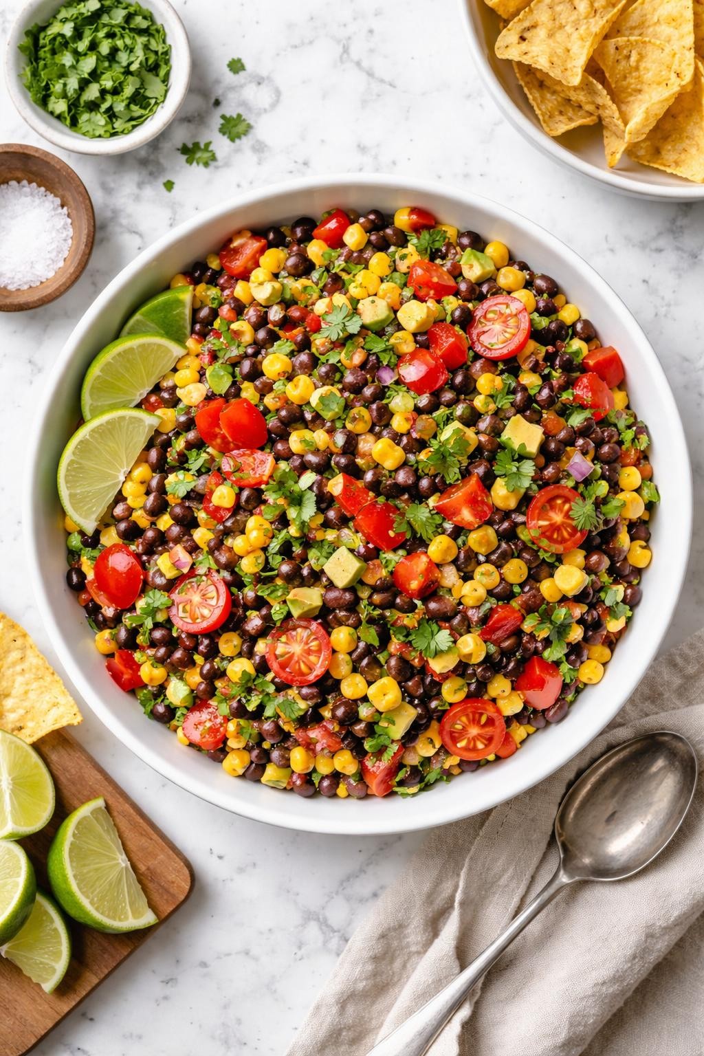 An overheard picture view of a plate of Black Bean and Corn Salsa Salad sitting on a marble countertop table in the kitchen, professional food photography style.