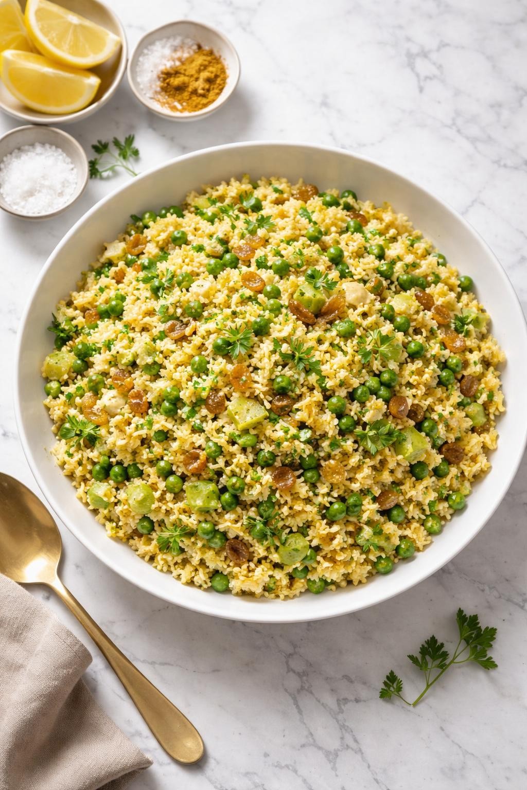 Image Prompt: Realistic top-down editorial food photography of a curried rice salad in a wide white bowl on a clean marble countertop, fluffy rice mixed with raisins, chopped celery, green peas, and a light creamy curry dressing, bright natural window light, soft shadows, clean composition, high detail, realistic food texture, no people, no hands, no text, no watermarks, no props with writing.