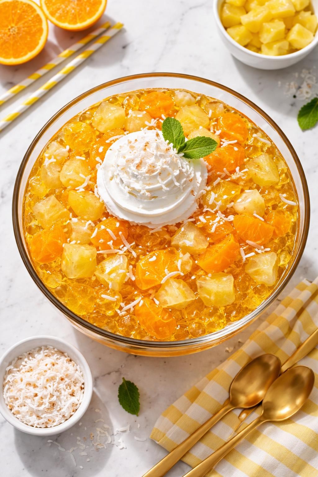 Image Prompt: Realistic top-down editorial food photography of tropical jello fruit salad in a clear glass bowl on a white marble countertop, golden jello mixed with pineapple chunks, mandarin oranges, shredded coconut, and whipped topping, bright cheerful party dessert styling, bright natural daylight, soft shadows, clean editorial composition, high detail, realistic texture, no people, no hands, no text, no watermarks, no props with writing.