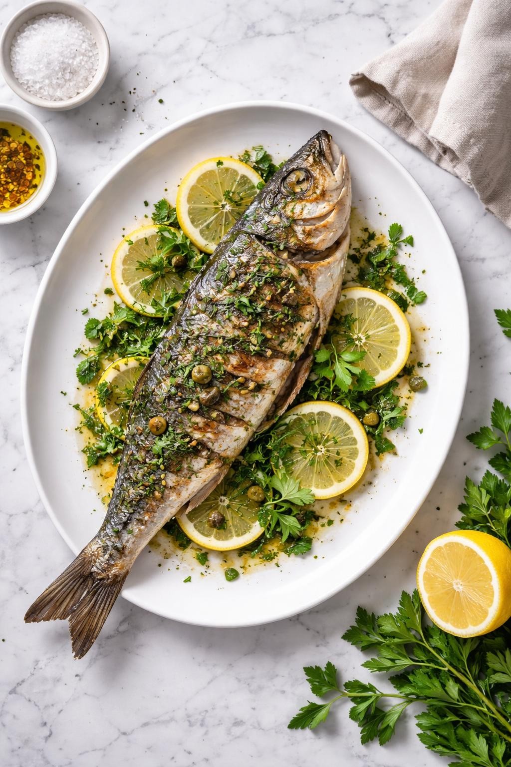 An overheard picture view of a plate of Grilled Branzino with Herbs sitting on a marble countertop table in the kitchen, professional food photography style.