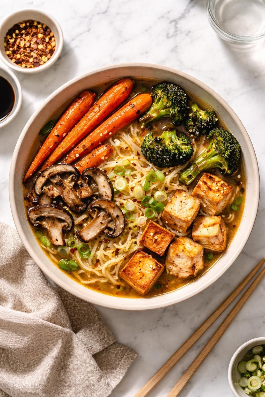 Image Prompt: Realistic top-down editorial food photography of a bowl of roasted vegetable vegan ramen on a white marble countertop, filled with ramen noodles, savory broth, roasted carrots, roasted broccoli, mushrooms, tofu, and green onions, cozy homemade dinner styling, bright natural daylight, soft shadows, clean editorial composition, high detail, realistic texture, no people, no hands, no text, no watermarks, no props with writing.