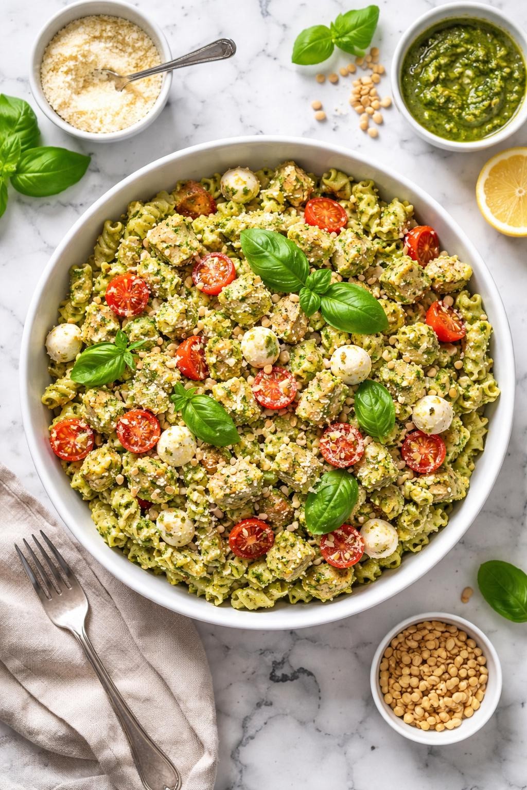 An overheard picture view of a plate of  Creamy Pesto Pasta Salad  sitting on a marble countertop table in the kitchen, professional food photography style.
