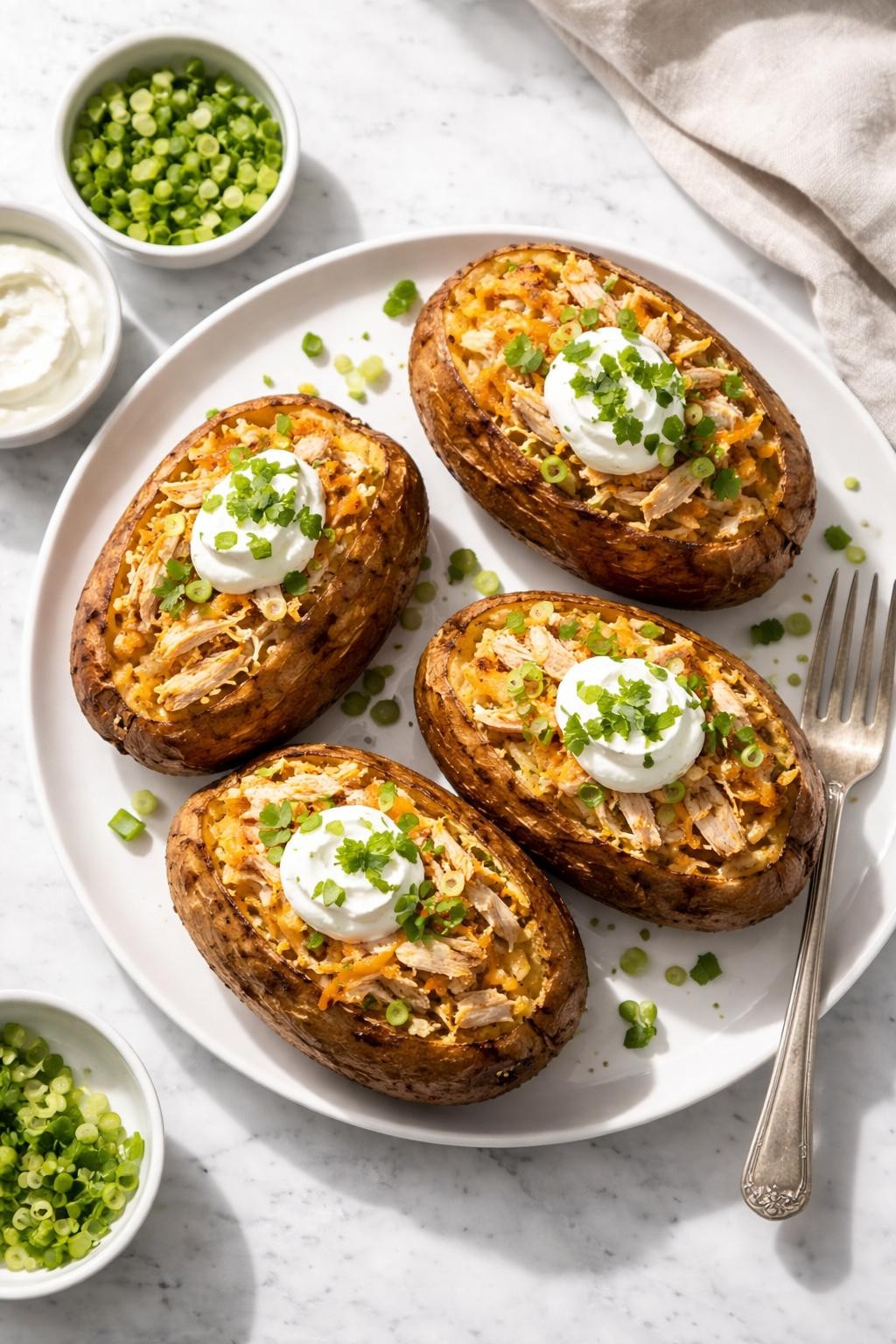 Prompt: Top-down realistic editorial food photography of chicken stuffed baked potatoes on a clean light marble countertop, baked potatoes split open and filled with shredded rotisserie chicken, melted cheese, sour cream, and chopped green onions, warm hearty homemade dinner mood, bright natural daylight, soft shadows, clean composition, high detail, realistic food texture, no people, no hands, no text, no watermarks, no props with writing.