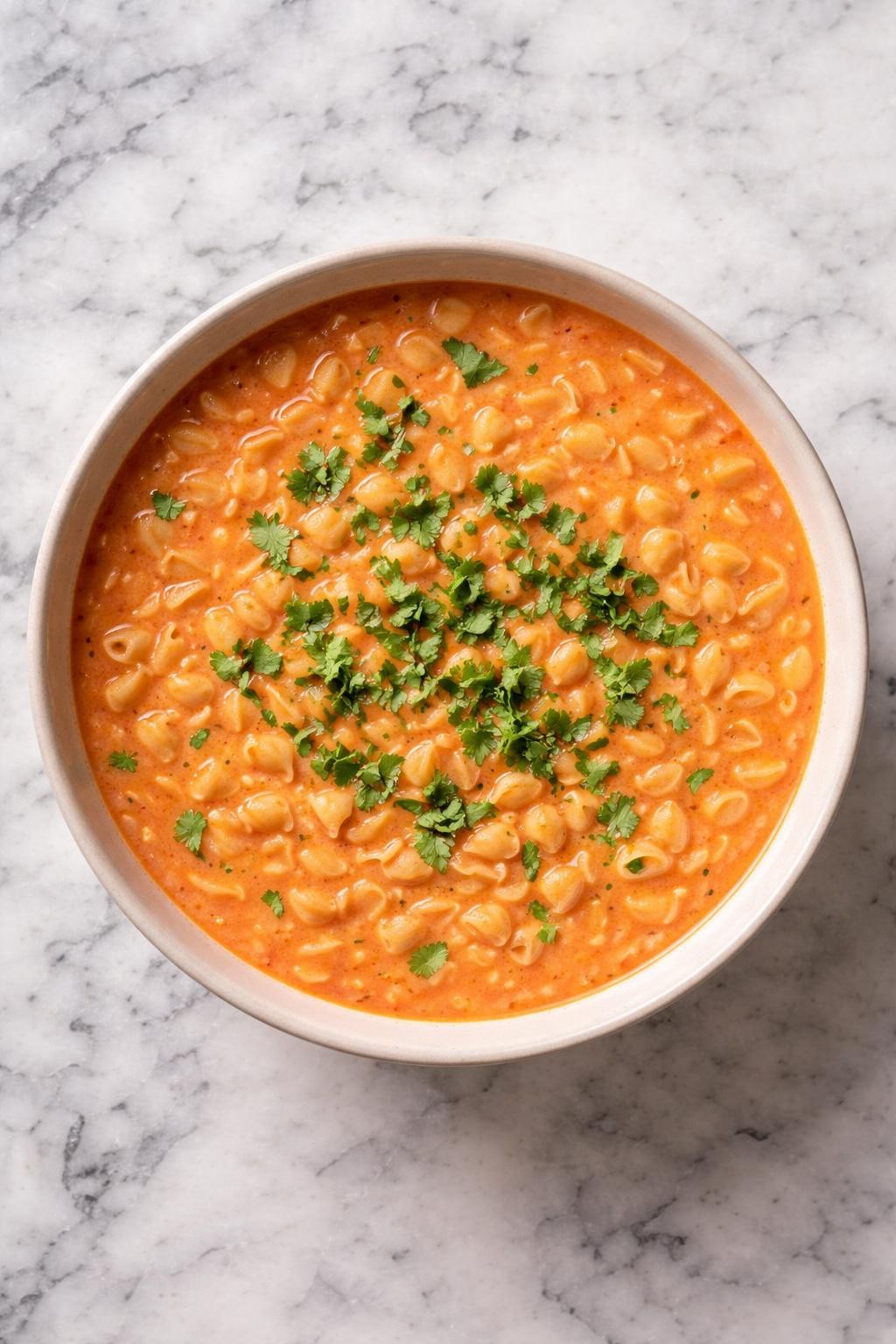 Image Prompt: Realistic top-down editorial food photography of creamy Mexican sopita in a neutral bowl on a white and gray marble countertop, small pasta in a smooth pinkish tomato cream broth with chopped cilantro on top, cozy homemade comfort food mood, bright natural light, clean composition, no people, no hands, no text, no watermarks, no props with writing.