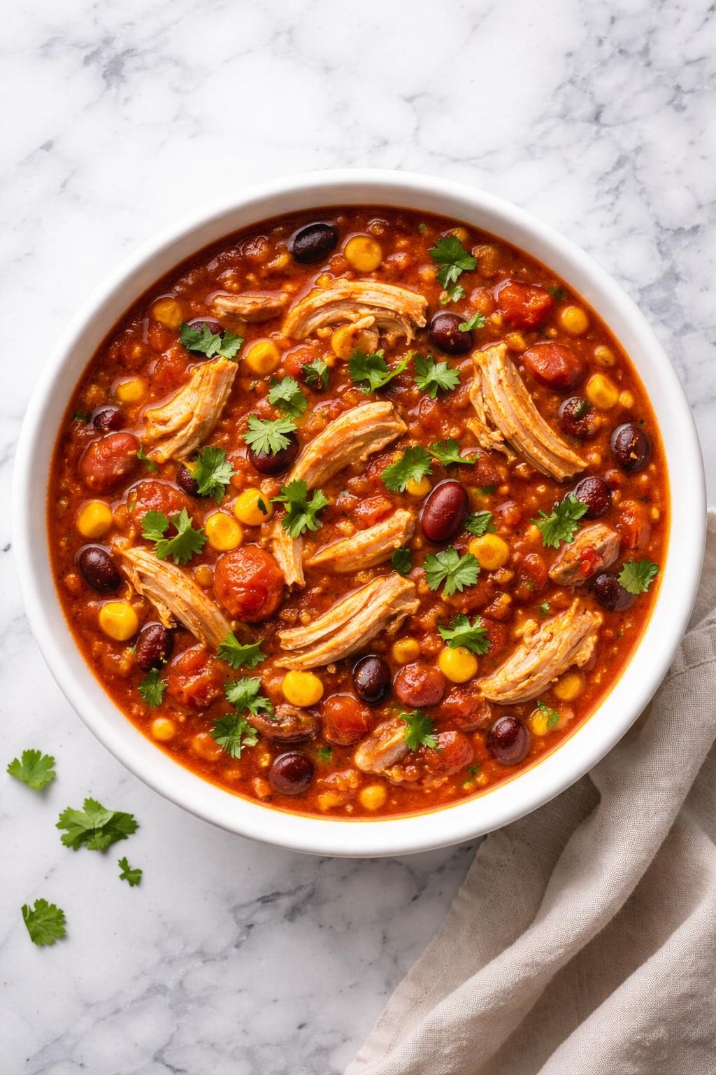 Image Prompt: Realistic top-down editorial food photography of Mexican chicken thigh chili in a white bowl on a clean white and gray marble countertop, thick chili with shredded chicken thighs, beans, tomatoes, corn, and cilantro, cozy homemade comfort food styling, bright natural light, no people, no hands, no text, no watermarks, no props with writing.
