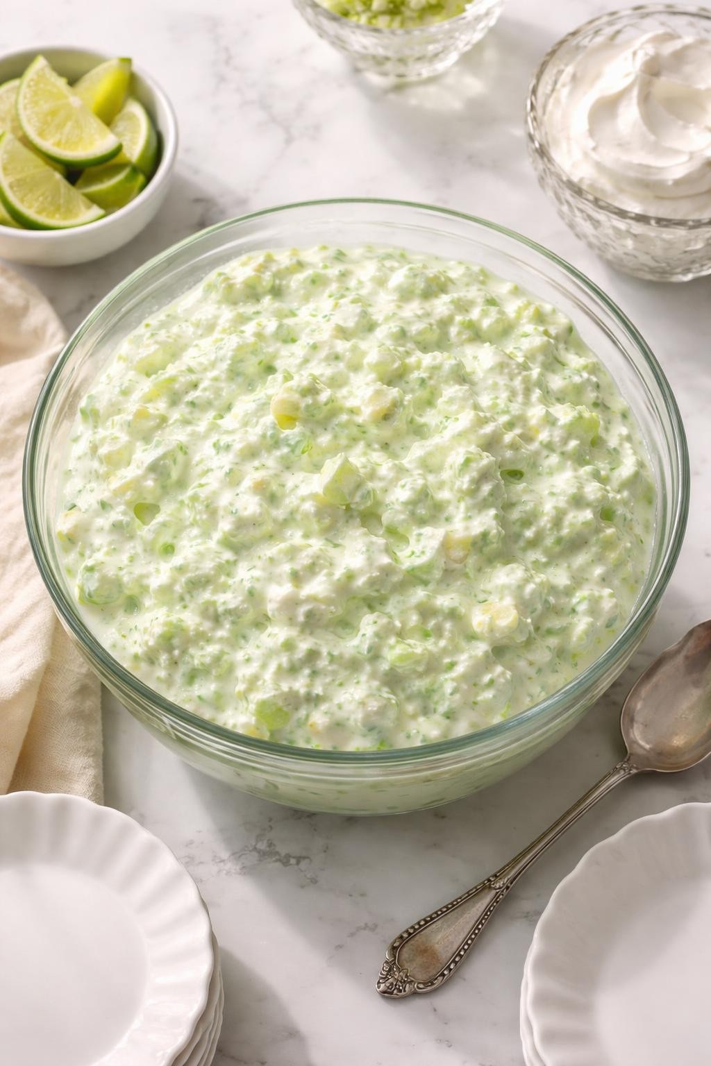 Image Prompt: Realistic top-down editorial food photography of classic lime Jello salad in a glass serving bowl on a white marble countertop, pale green creamy gelatin salad with cottage cheese, crushed pineapple, and whipped topping folded through, bright natural window lighting, soft shadows, clean vintage food styling, high detail, realistic food texture, no people, no hands, no text, no watermarks, no props with writing.