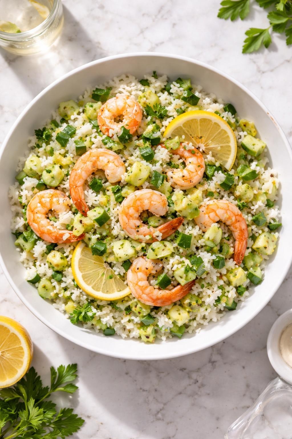 Image Prompt: Realistic top-down editorial food photography of a shrimp rice salad in a wide white bowl on a light marble countertop, fluffy rice mixed with cooked shrimp, cucumber, chopped celery, lemon, parsley, and light dressing, bright natural daylight, soft shadows, clean homemade food styling, high detail, realistic textures, no people, no hands, no text, no watermarks, no props with writing.
