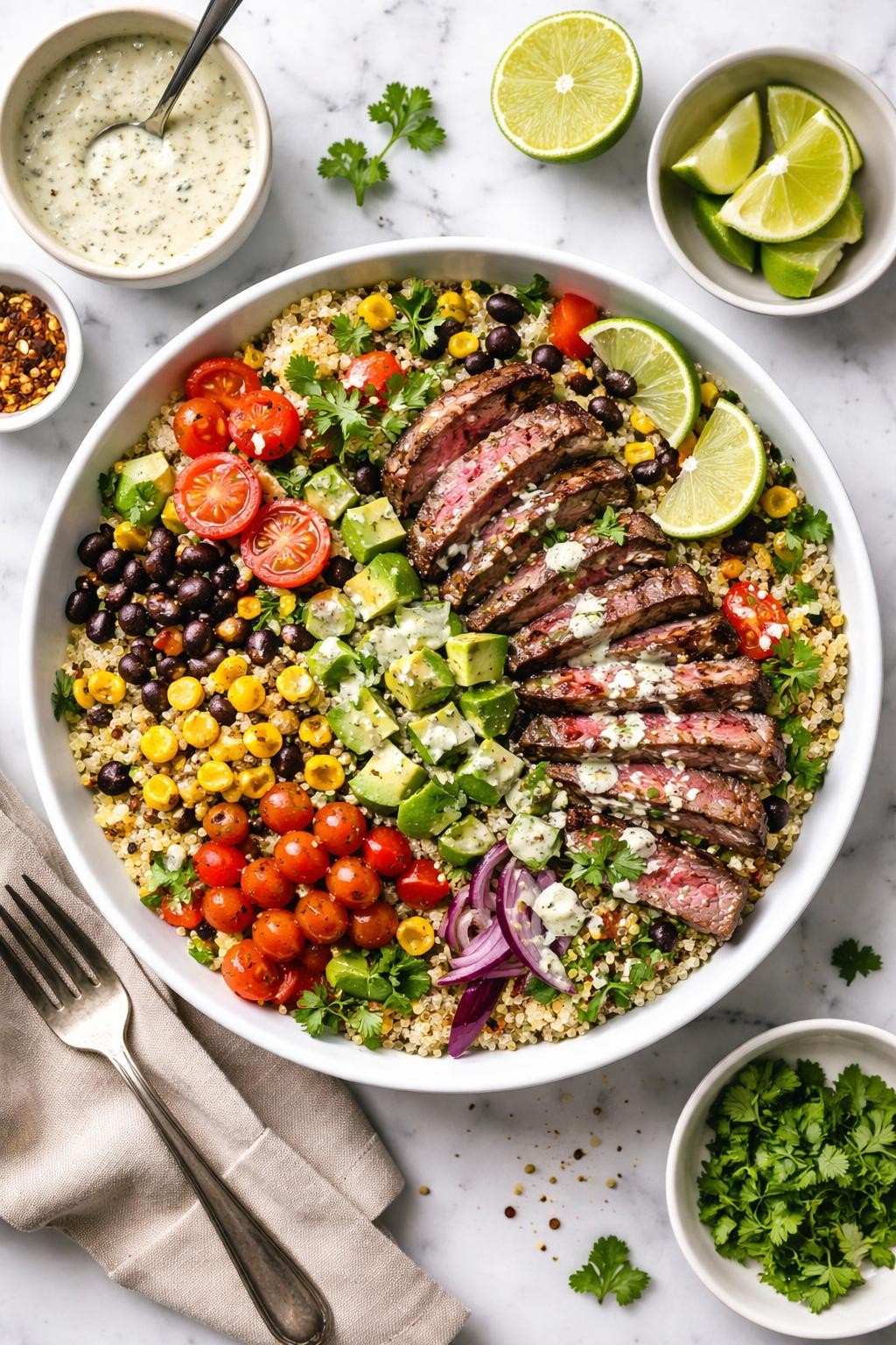 An overheard picture view of a plate of Southwest Steak and Quinoa Salad sitting on a marble countertop table in the kitchen, professional food photography style.