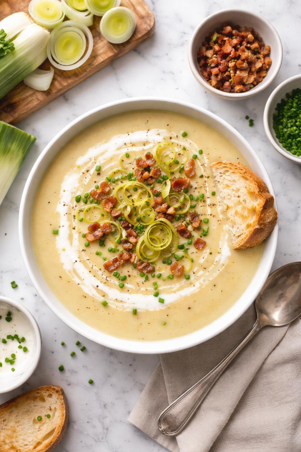 An overheard picture view of a plate of Creamy Potato Leek Soup sitting on a marble countertop table in the kitchen, professional food photography style.