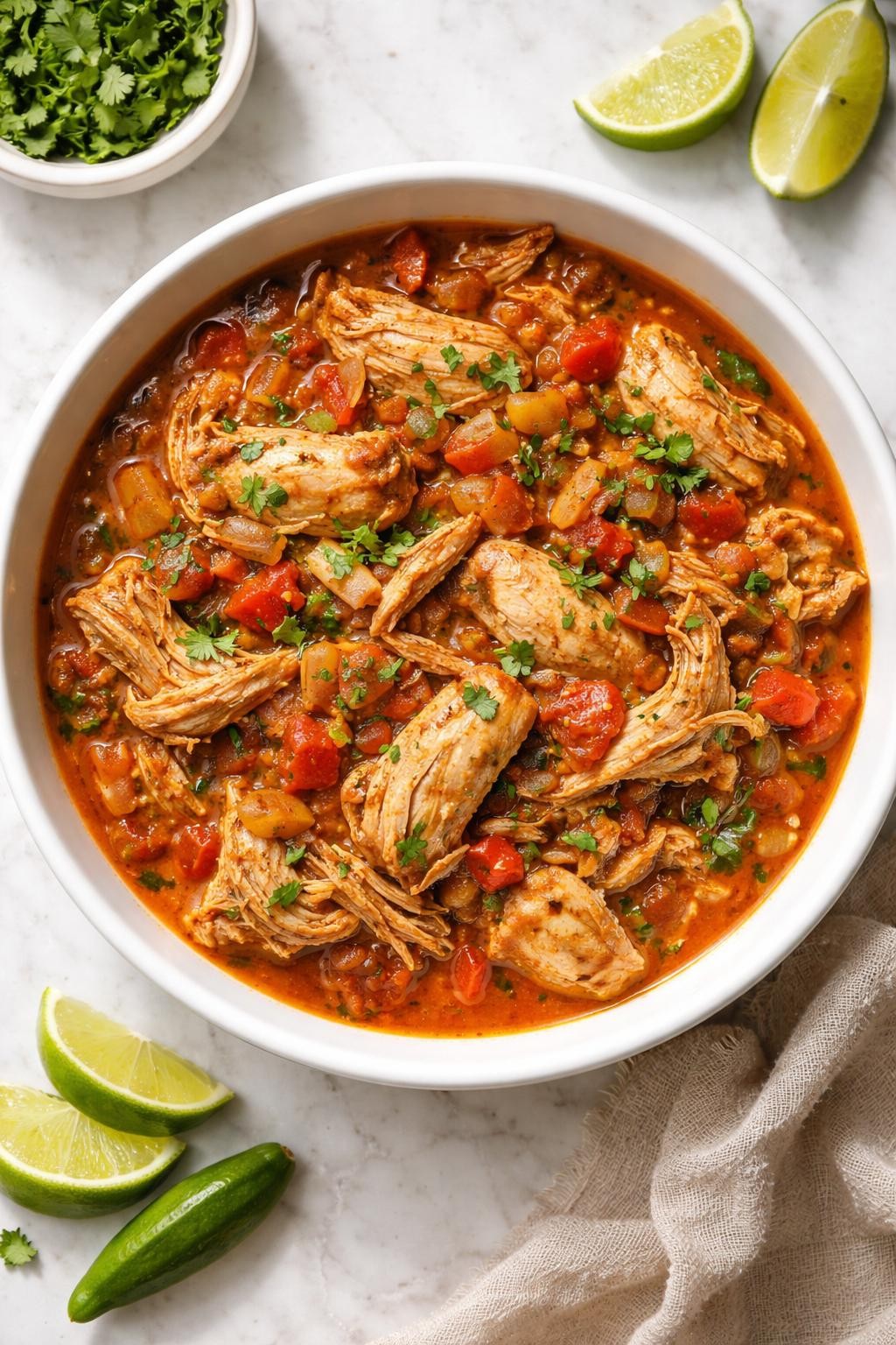 Image Prompt: Realistic top-down editorial food photography of slow cooker Mexican chicken thighs in a white bowl on a clean marble countertop, tender shredded chicken thighs cooked with tomatoes, onions, peppers, and spices, cozy homemade dinner styling, bright natural daylight, no people, no hands, no text, no watermarks, no props with writing.