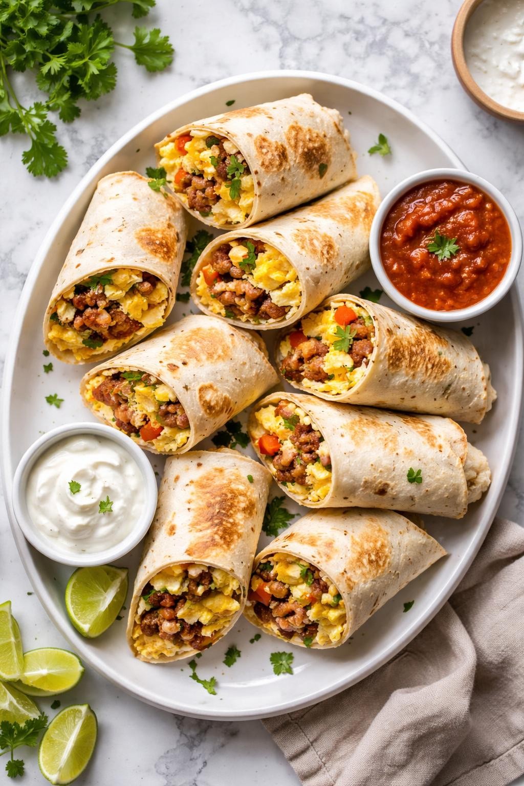 An overheard picture view of a plate of Breakfast Burritos with Eggs and Sausage sitting on a marble countertop table in the kitchen, professional food photography style.