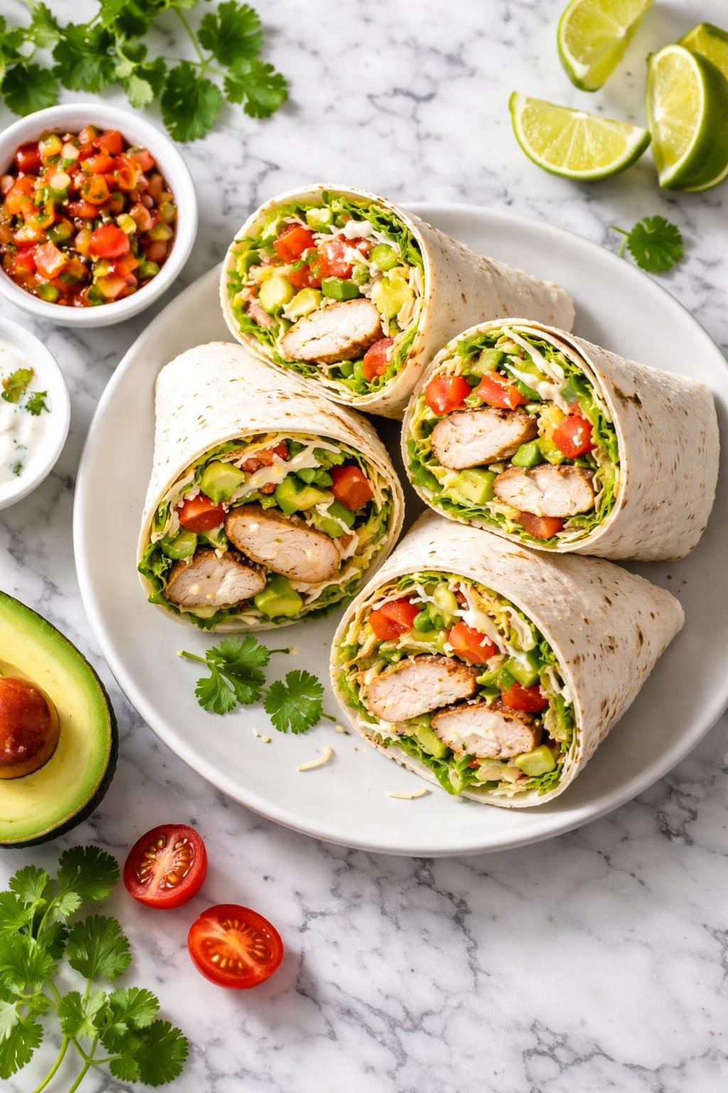 Image Prompt: Realistic top-down editorial food photography of Mexican chicken breast wraps on a white and gray marble countertop, soft flour tortillas filled with sliced seasoned chicken breast, lettuce, tomato, avocado, cheese, and creamy sauce, wraps cut in half to show the filling, bright natural daylight, fresh lunch mood, no people, no hands, no text, no watermarks, no props with writing.