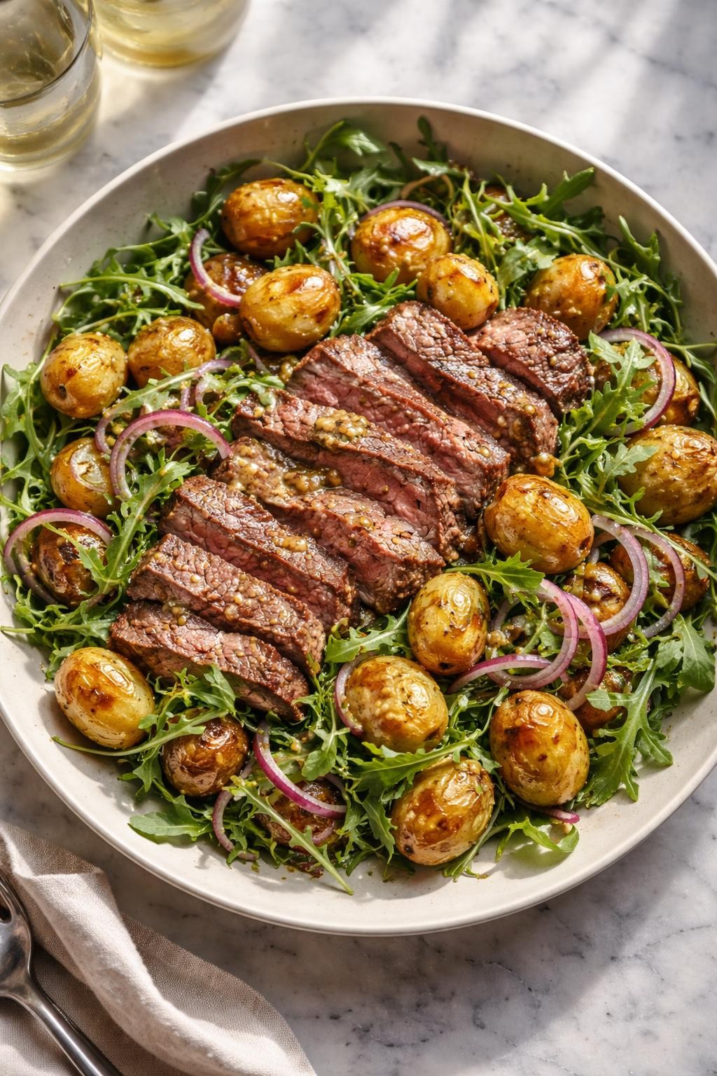 Image Prompt: Realistic top-down editorial food photography of a warm steak and potato salad in a large shallow serving bowl on a white and gray marble countertop, sliced steak with roasted baby potatoes, arugula, red onion, and a mustard vinaigrette, steam still slightly visible from the warm potatoes, cozy dinner mood, bright natural window light, soft shadows, high detail, realistic textures, no people, no hands, no text, no watermarks, no props with writing.