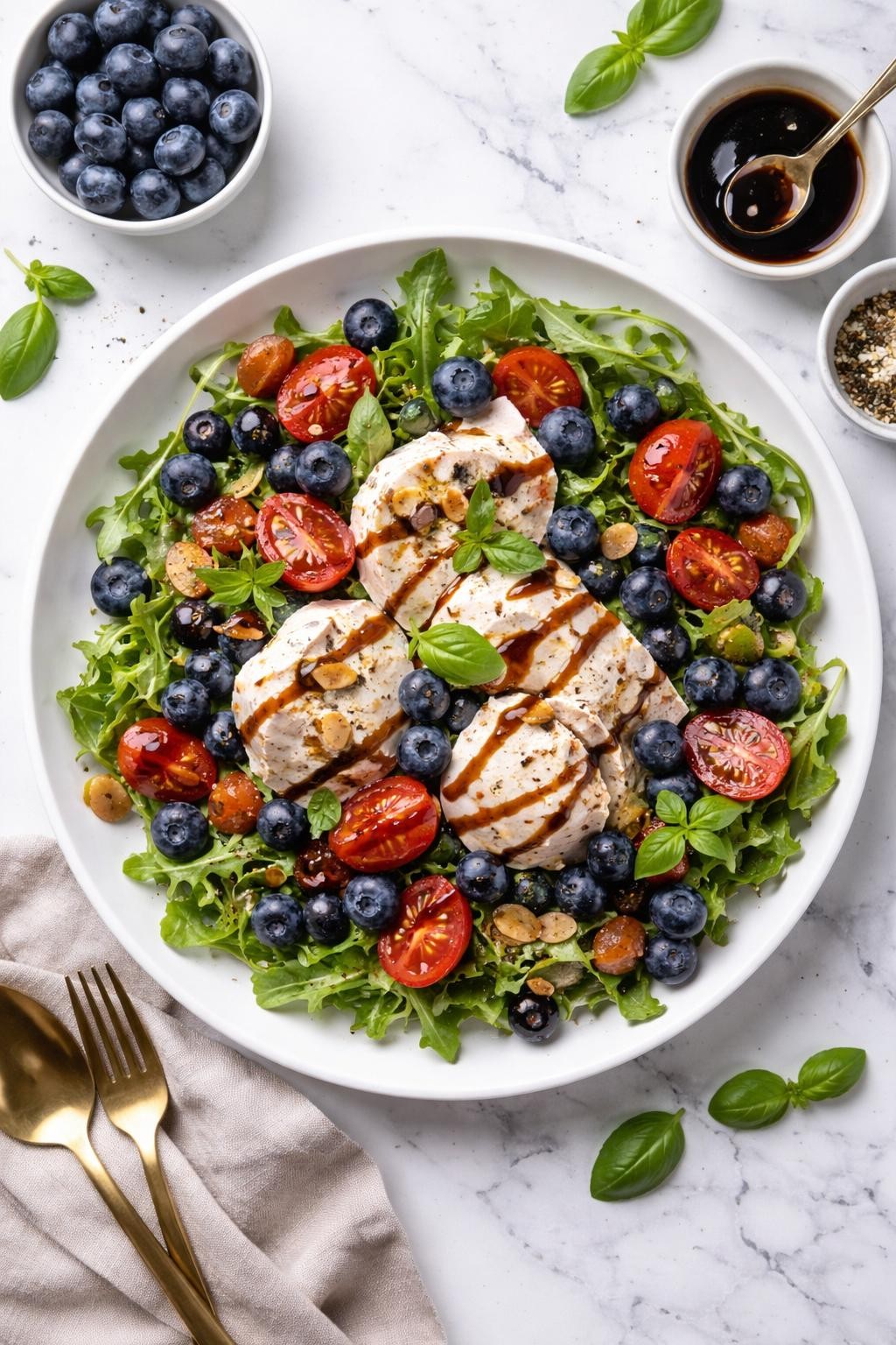 An overheard picture view of a plate of Blueberry and Burrata Salad with Balsamic Glaze sitting on a marble countertop table in the kitchen, professional food photography style.