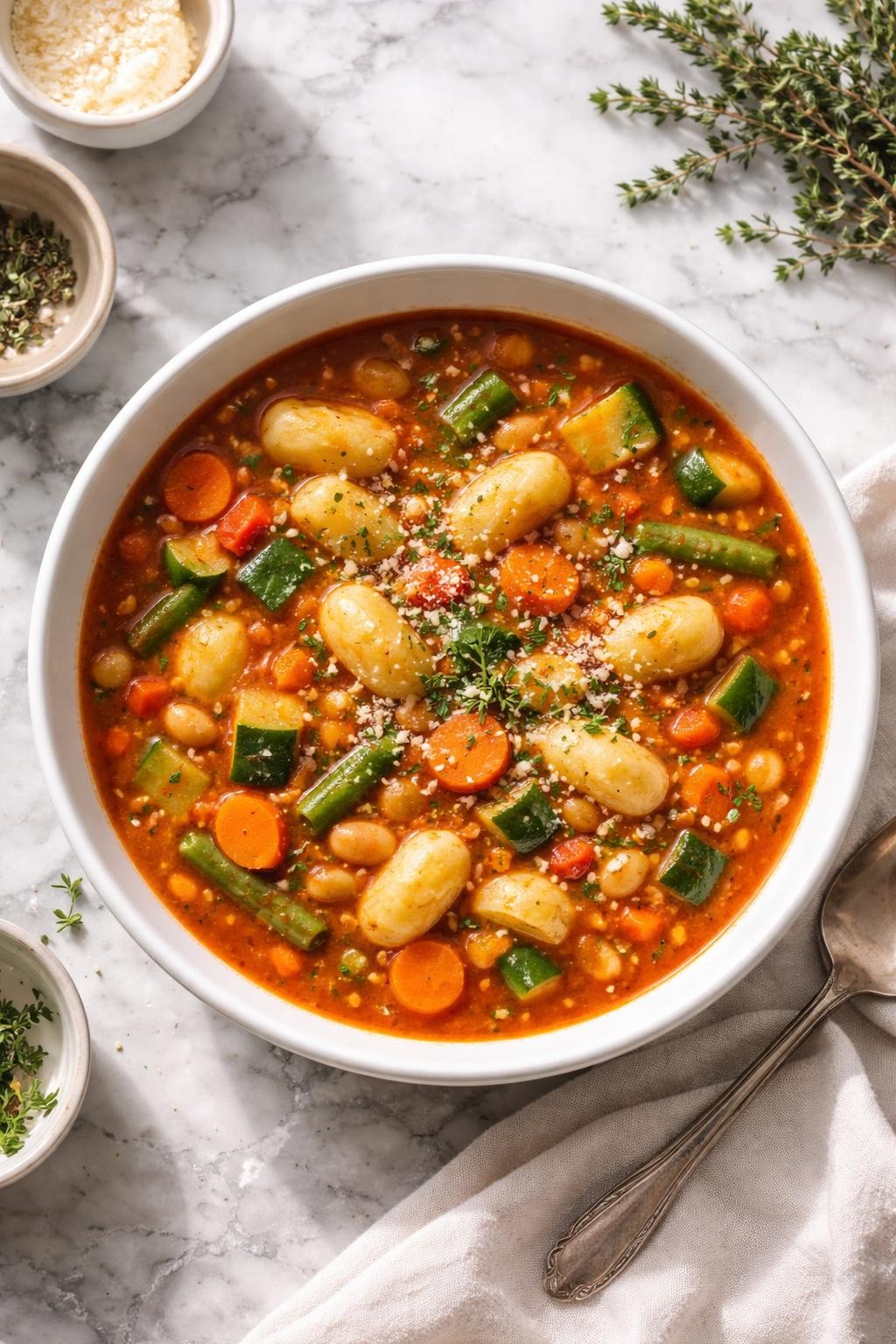 Image Prompt: Realistic top-down editorial food photography of gnocchi minestrone soup in a white bowl on a white and gray marble countertop, tomato-based broth with soft gnocchi, zucchini, carrots, green beans, white beans, and herbs, cozy homemade dinner styling, bright natural window light, soft shadows, no people, no hands, no text, no watermarks, no props with writing.