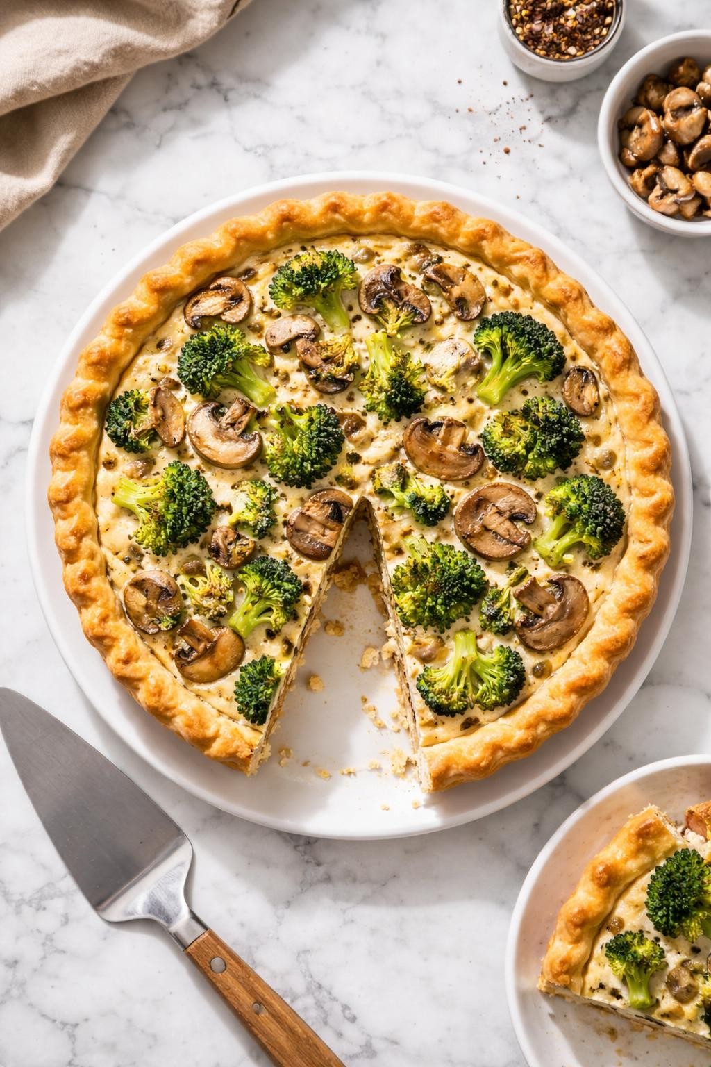 Image Prompt: Top-down realistic editorial food photography of a homemade vegan broccoli and mushroom quiche on a clean white marble countertop, golden pie crust filled with creamy tofu filling, tender broccoli, and sautéed mushrooms, one neat slice removed to show the savory brunch texture, warm homemade mood, bright natural daylight, soft shadows, high detail, no people, no hands, no text, no watermarks, no props with writing.