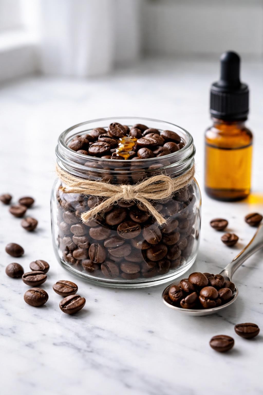 A realistic close-up photo of a small glass jar homemade air freshener with coffee beans and a few drops of vanilla oil on a clean white marble countertop. Extra coffee beans, a small bottle of vanilla fragrance oil, and a spoon are arranged neatly around the jar. Bright cool-toned natural light, crisp detail, realistic texture, clean minimal setup, strong focus on the jar and coffee bean texture, no people, no text, (no watermarks on images)