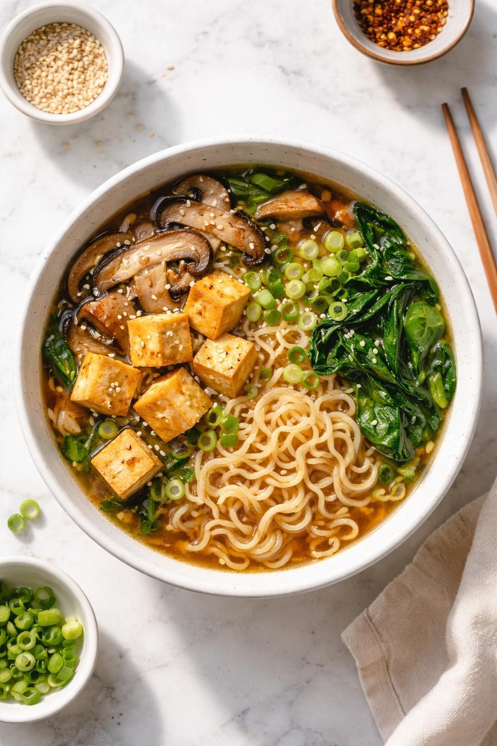 Image Prompt: Realistic top-down editorial food photography of a bowl of simple weeknight vegan ramen on a white marble countertop, filled with ramen noodles, clear savory broth, mushrooms, spinach, tofu cubes, green onions, and sesame seeds, easy cozy homemade dinner styling, bright natural daylight, soft shadows, clean editorial composition, high detail, realistic texture, no people, no hands, no text, no watermarks, no props with writing.
