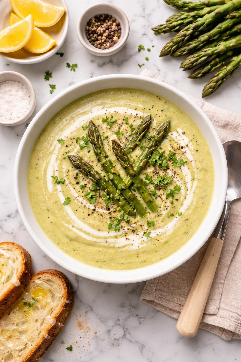 An overheard picture view of a plate of Creamy Asparagus Soup sitting on a marble countertop table in the kitchen, professional food photography style.