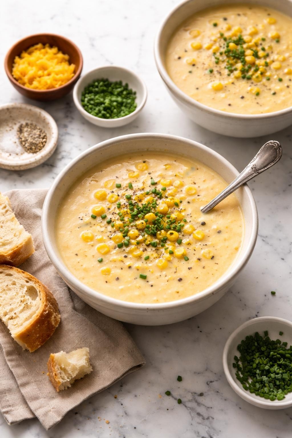 Image Prompt: Realistic top-down editorial food photography of beer cheese soup with corn on a clean white and gray marble countertop, thick creamy cheddar soup with bright yellow corn kernels throughout, topped with chopped chives and black pepper, cozy homemade food styling, bright natural window lighting, soft shadows, clean editorial composition, no people, no hands, no text, no watermarks, no props with writing.
