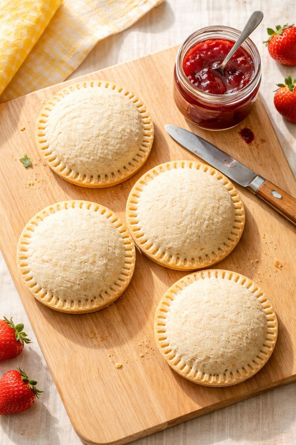 Photo prompt: Realistic top-down editorial food photography of four sealed round crustless sandwiches on a light wood cutting board. Each is crimped around the edges with a fork. A knife and a small jar of strawberry jam nearby. Soft natural light, nostalgic kid-friendly lunch mood. No people, no hands, no text, no watermarks, no props with writing.