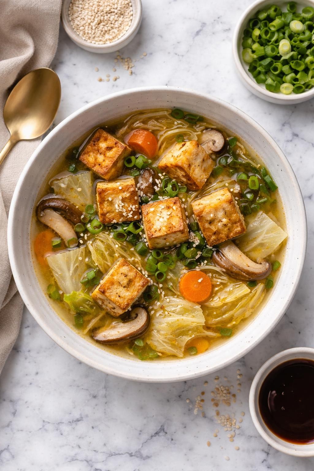 An overheard picture view of a plate of Crispy Tofu and Cabbage Miso Soup sitting on a marble countertop table in the kitchen, professional food photography style.