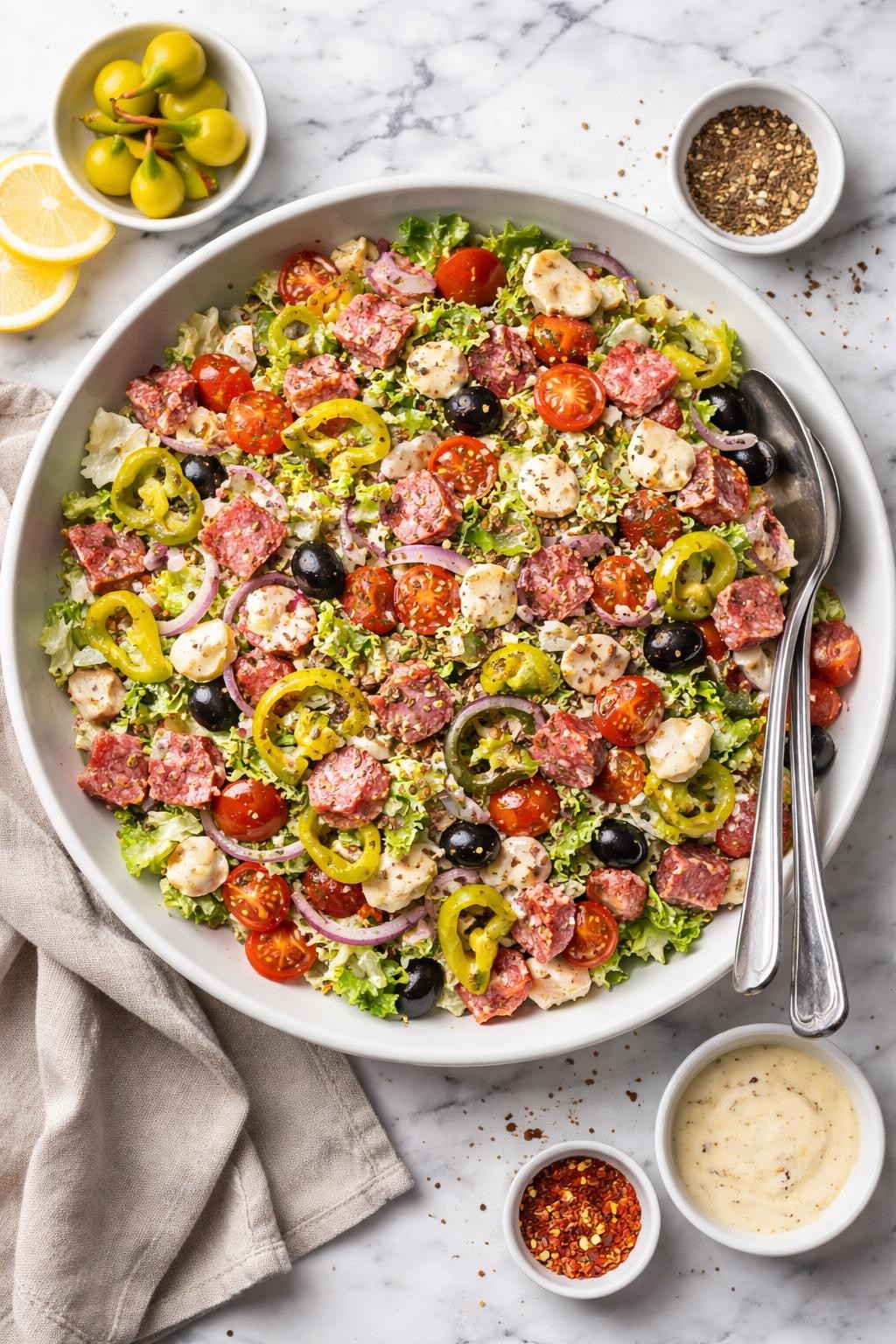 An overheard picture view of a plate of Italian Grinder Salad (Chopped Sub Salad sitting on a marble countertop table in the kitchen, professional food photography style.
