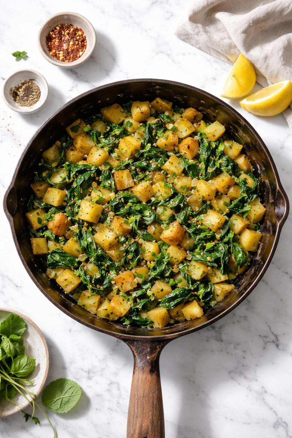 Image Prompt: Top-down realistic editorial food photography of a vegan spinach and potato hash on a clean white marble countertop, golden potato cubes cooked with wilted spinach, onions, and herbs in a rustic skillet, warm hearty homemade meal mood, bright natural light, soft shadows, clean styling, high detail, no people, no hands, no text, no watermarks, no props with writing.