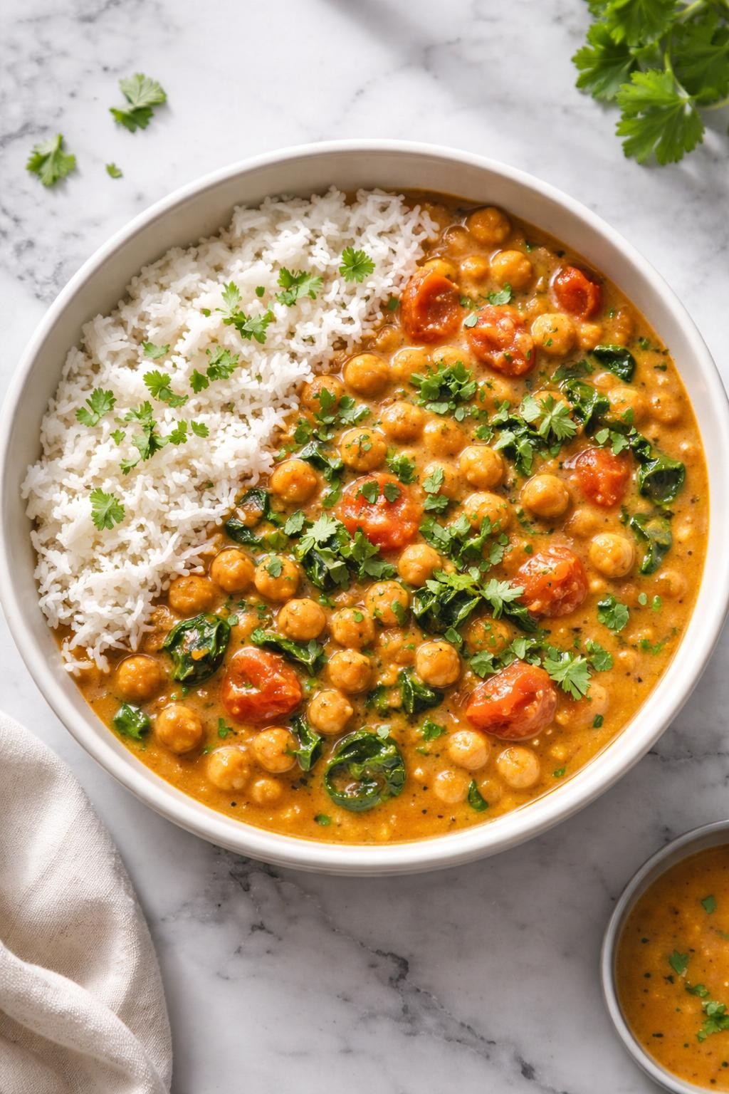 Image Prompt: Realistic top-down editorial food photography of a bowl of Instant Pot coconut chickpea curry on a clean white and gray marble countertop, filled with chickpeas in a creamy golden coconut curry sauce with tomatoes, onions, spinach, and cilantro, served with fluffy rice, warm homemade dinner mood, bright natural window lighting, soft shadows, clean composition, high detail, realistic food texture, no people, no hands, no text, no watermarks, no props with writing.