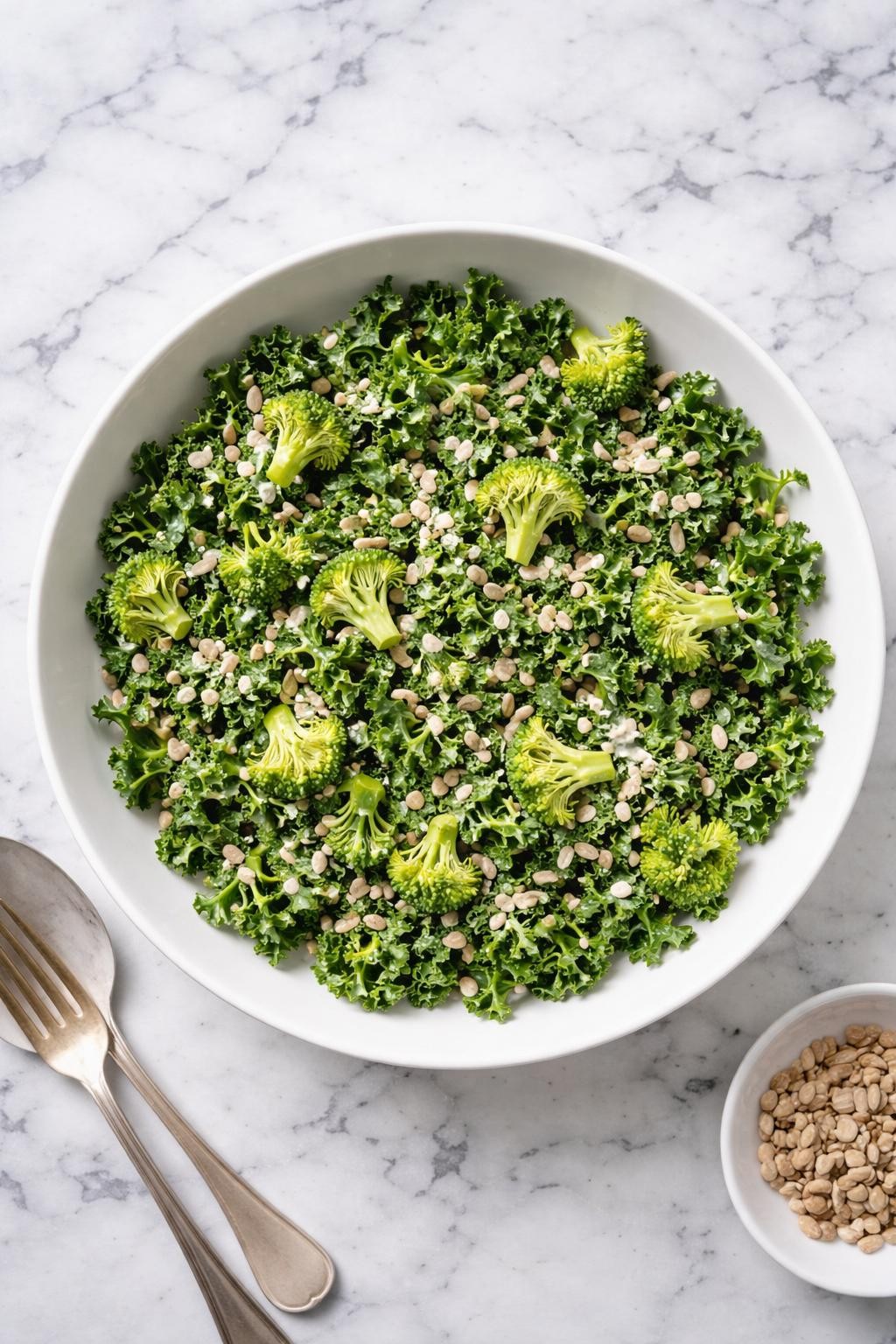 Image Prompt: Realistic top-down editorial food photography of a healthy kale and broccoli salad in a wide white bowl on a clean white and gray marble countertop, chopped kale with small broccoli florets, sunflower seeds, and light creamy dressing, crisp fresh side dish styling, bright natural light, no people, no hands, no text, no watermarks, no props with writing.