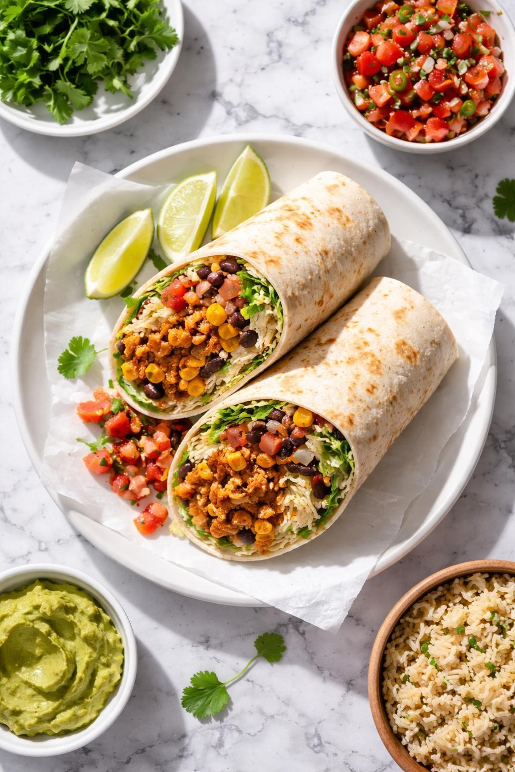 Image Prompt: Realistic top-down editorial food photography of soy curl burritos on a clean white and gray marble countertop, warm tortillas wrapped around seasoned soy curls, rice, beans, lettuce, and salsa, easy homemade vegan dinner styling, bright natural window lighting, soft shadows, clean composition, high detail, realistic food texture, no people, no hands, no text, no watermarks, no props with writing.