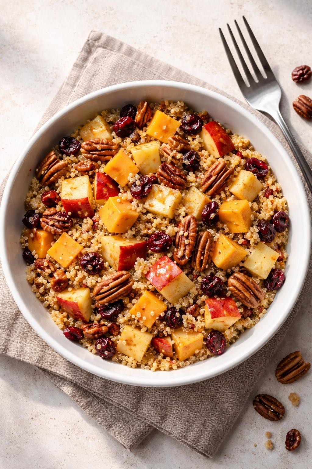 Photo prompt: Realistic top-down editorial food photography of a white bowl filled with quinoa, diced apple, sharp cheddar cubes, dried cranberries, and toasted pecans, all tossed in a honey-mustard dressing. A fork on the side. Soft natural light, sweet and savory lunch box salad mood, no people, no hands, no text, no watermarks, no props with writing.