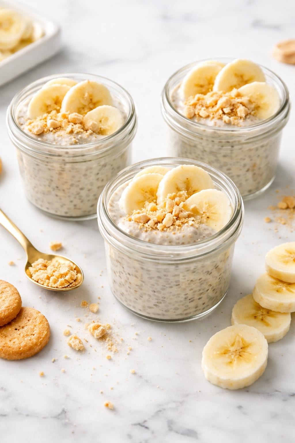 Image Prompt: Realistic top-down editorial food photography of vegan banana pudding chia cups in small glass jars on a white marble countertop, creamy banana chia pudding topped with banana slices and a light sprinkle of crushed cookies, bright natural light, clean dessert styling, no people, no hands, no text, no watermarks, no props with writing.