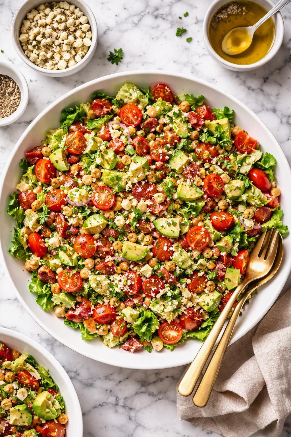 An overheard picture view of a plate of Chopped Salad with Pancetta and Gorgonzola sitting on a marble countertop table in the kitchen, professional food photography style.