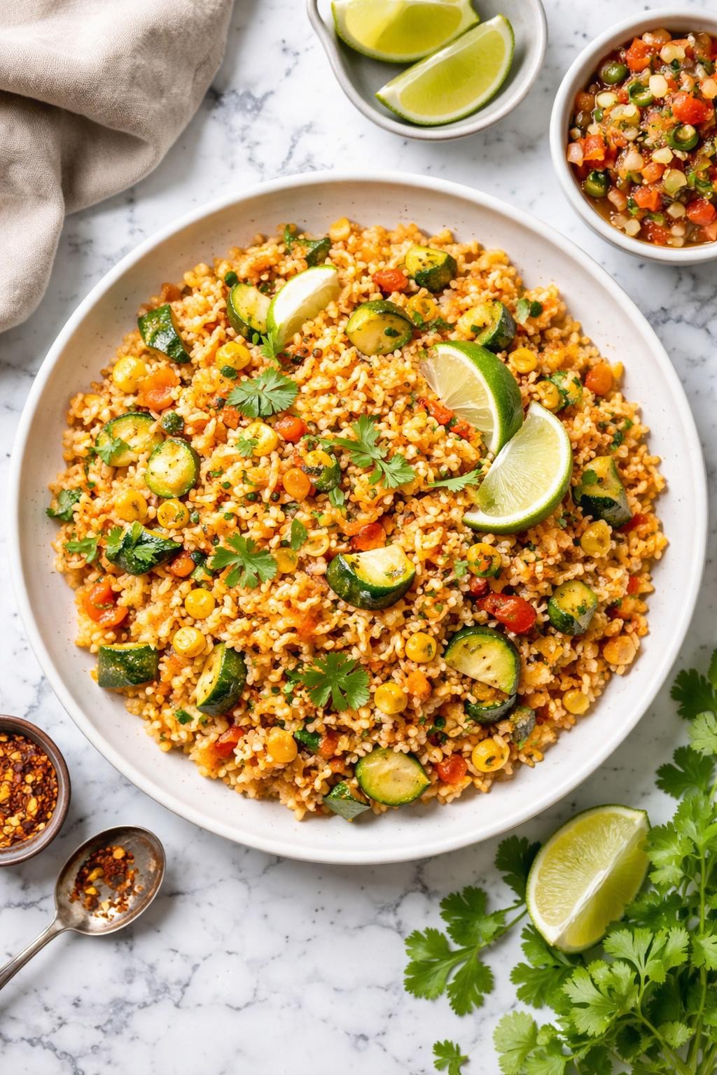 An overheard picture view of a plate of Mexican Rice with Corn and Zucchini sitting on a marble countertop table in the kitchen, professional food photography style.