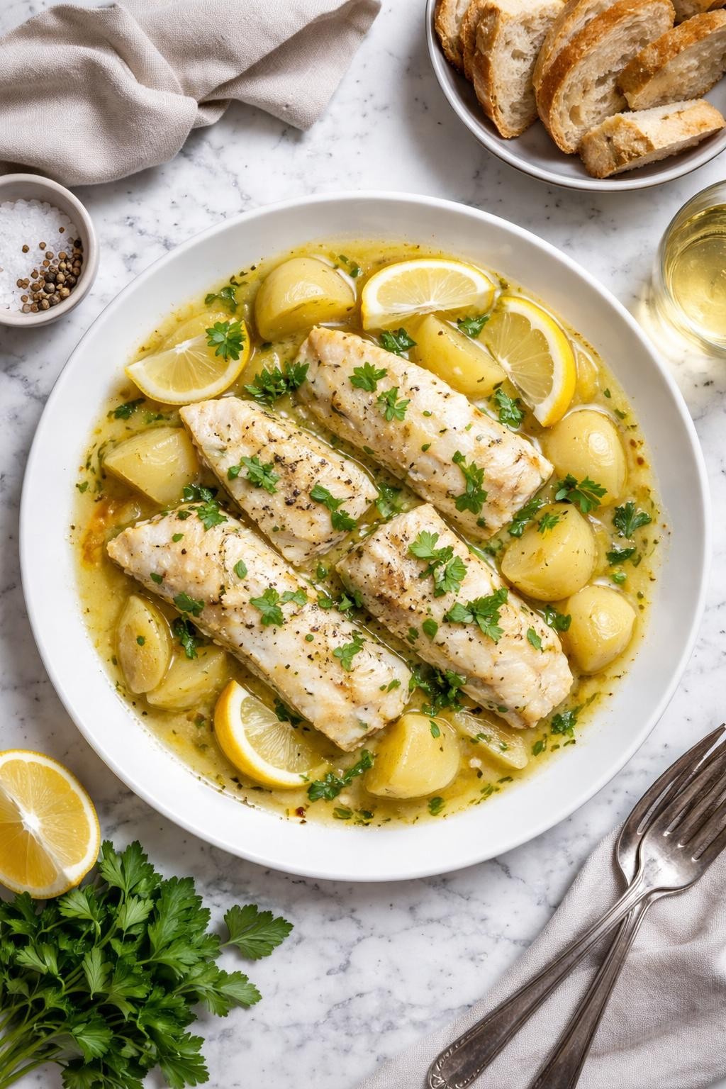 An overheard picture view of a plate of Corfu-Style Bianco sitting on a marble countertop table in the kitchen, professional food photography style.