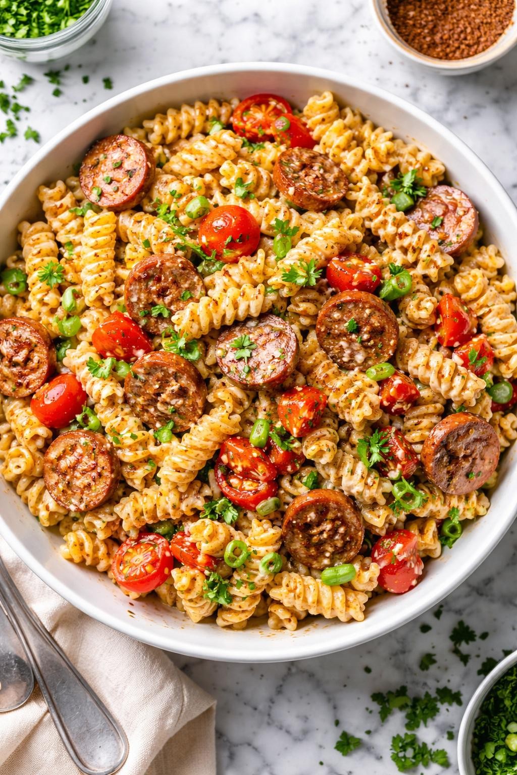 An overheard picture view of a plate of Creamy Cajun Pasta Salad with Andouille   sitting on a marble countertop table in the kitchen, professional food photography style.
