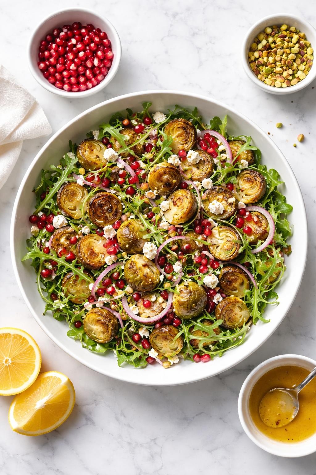 Image Prompt: Realistic top-down editorial food photography of a roasted Brussels sprout salad with pomegranate seeds in a shallow white bowl on a marble countertop, roasted Brussels sprouts with arugula, pomegranate arils, chopped pistachios, red onion, and feta cheese, light citrus dressing over the top, bright natural light, soft shadows, clean festive editorial styling, realistic textures, no people, no hands, no text, no watermarks, no props with writing.