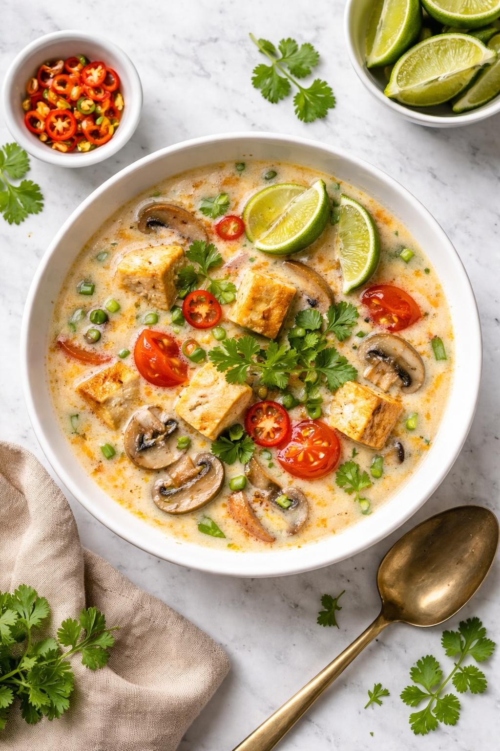 An overheard picture view of a plate of Thai Coconut Tofu Soup (Tom Kha Style) sitting on a marble countertop table in the kitchen, professional food photography style.