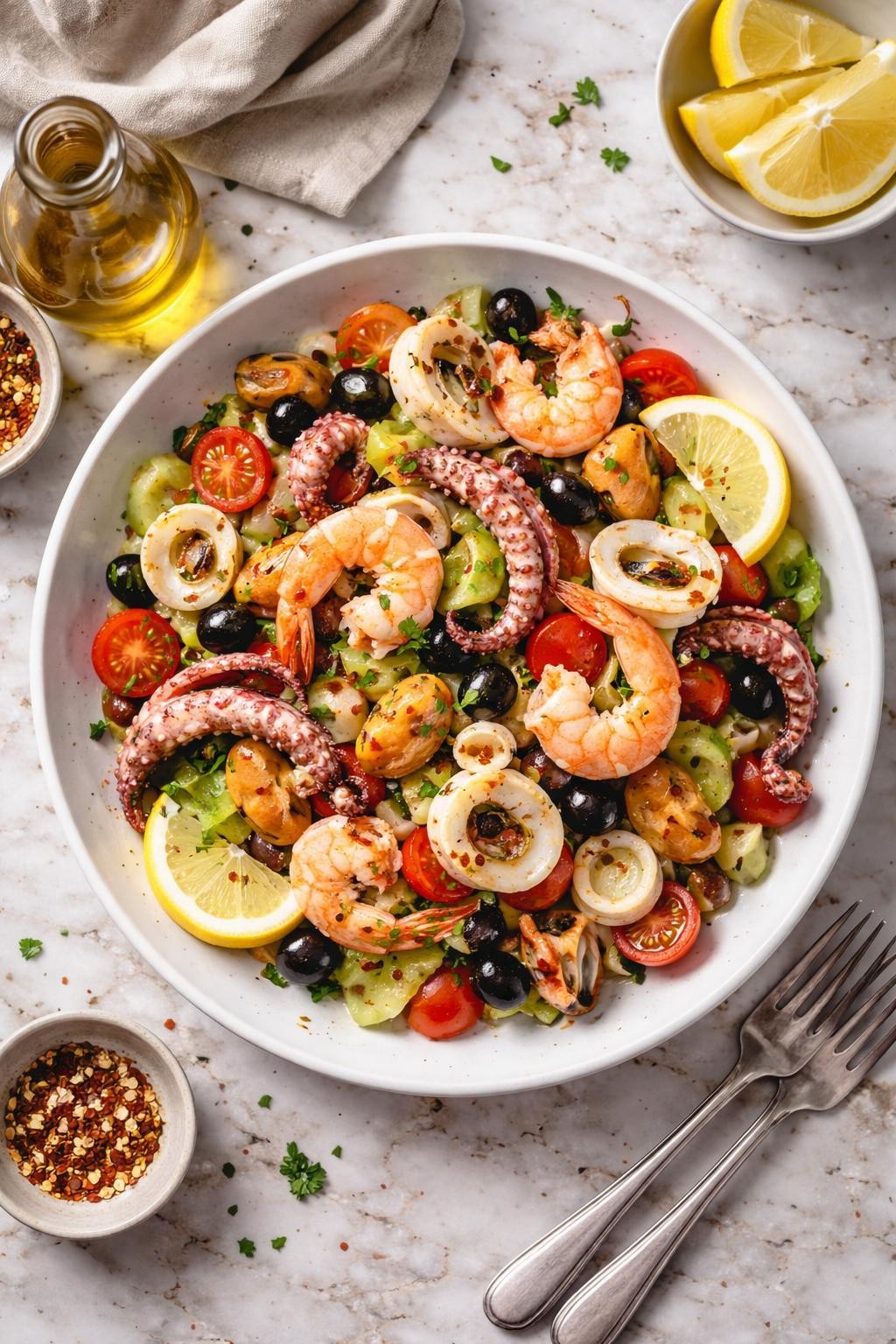 An overheard picture view of a plate of Italian Seafood Salad (Insalata di Mare) sitting on a marble countertop table in the kitchen, professional food photography style.