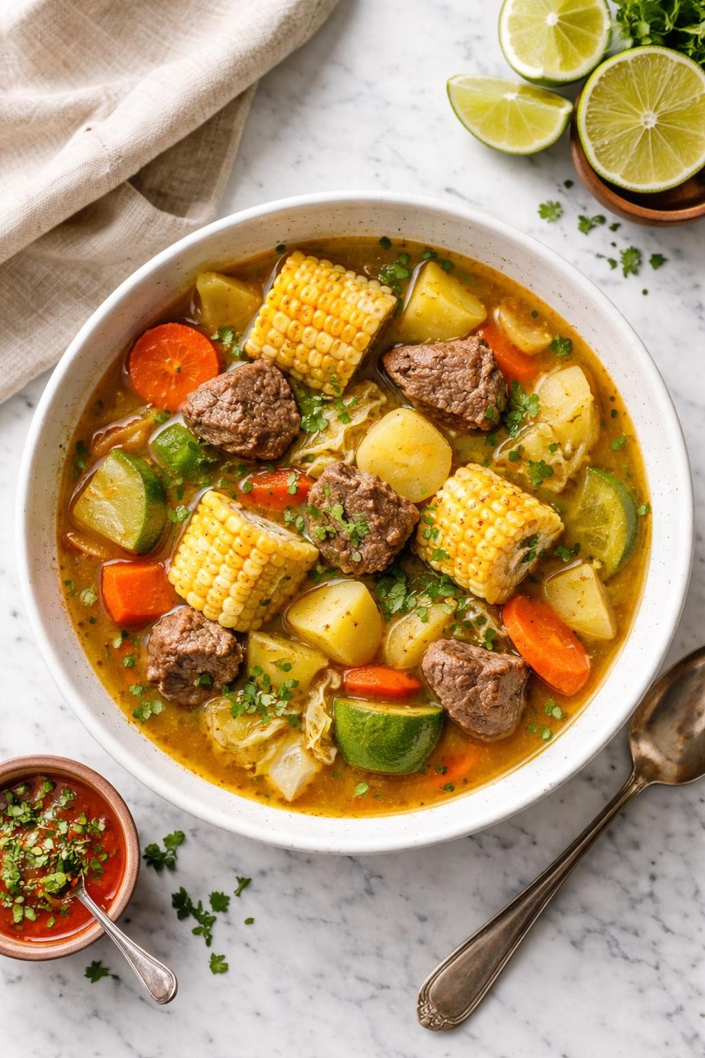 An overheard picture view of a plate of Sopa de Res   sitting on a marble countertop table in the kitchen, professional food photography style.
