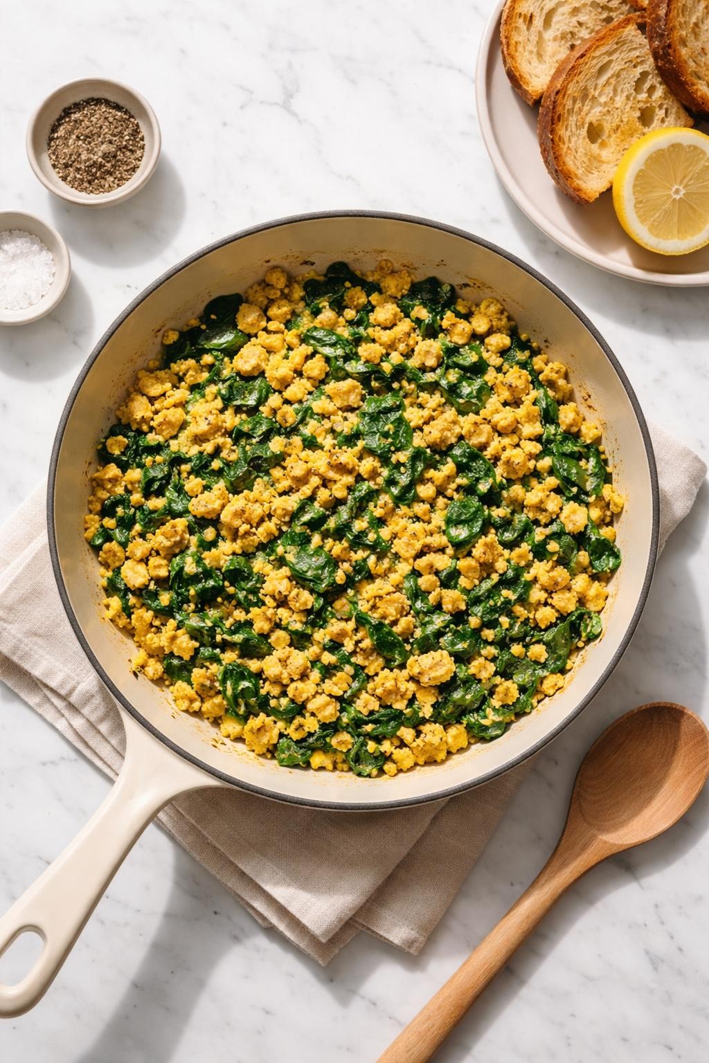 Image Prompt: Top-down realistic editorial food photography of vegan spinach tofu scramble on a clean white marble countertop, crumbled tofu cooked with wilted spinach, onions, turmeric, and black pepper in a skillet, warm simple homemade meal mood, bright natural daylight, soft shadows, clean composition, high detail, no people, no hands, no text, no watermarks, no props with writing.