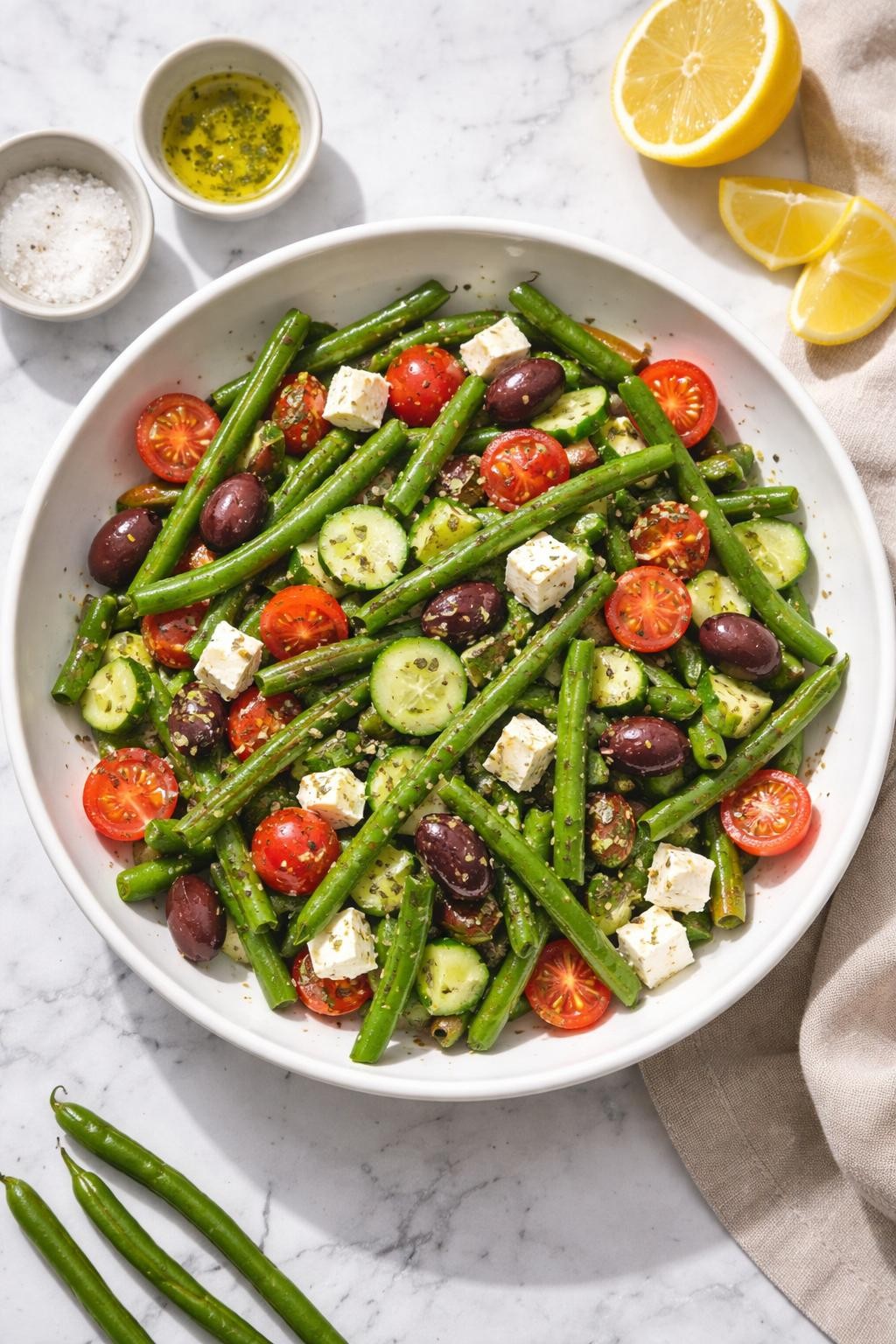 Image Prompt: Realistic top-down editorial food photography of a Mediterranean cold green bean salad in a shallow white bowl on a clean white and gray marble countertop, chilled green beans tossed with kalamata olives, cherry tomatoes, cucumber, feta cheese, and lemon herb dressing, bright natural daylight, soft shadows, clean editorial styling, realistic food textures, no people, no hands, no text, no watermarks, no props with writing.