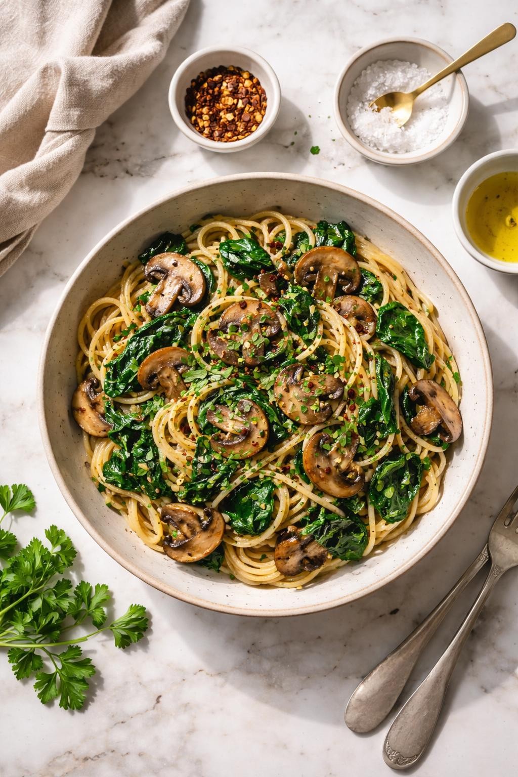 Image Prompt: Top-down realistic editorial food photography of a bowl of vegan spinach mushroom pasta on a clean white marble countertop, pasta tossed with sautéed mushrooms, wilted spinach, garlic, and a light savory sauce, topped with parsley, cozy homemade dinner mood, bright natural daylight, soft shadows, high detail, no people, no hands, no text, no watermarks, no props with writing.