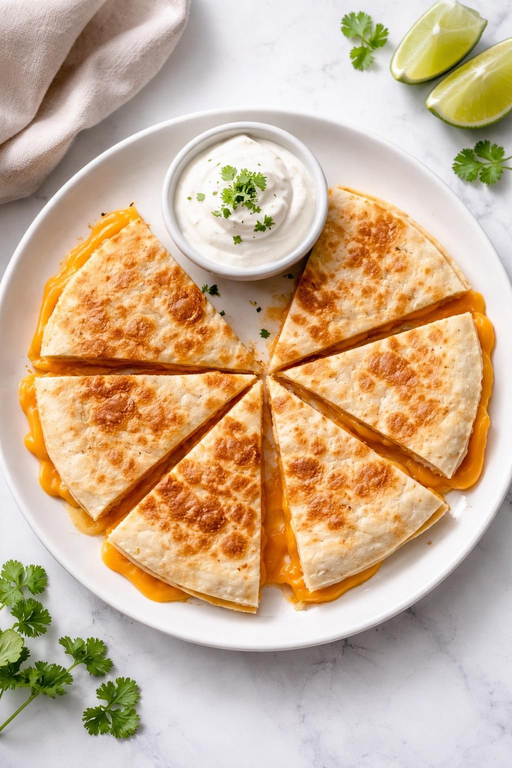"Top-down realistic photo of a golden-brown flour tortilla quesadilla cut into wedges on a white plate, with melted cheddar cheese oozing out the sides. A small bowl of sour cream for dipping. Bright kitchen light, simple 3-ingredient meal, no people, no hands, no text, no watermarks."
