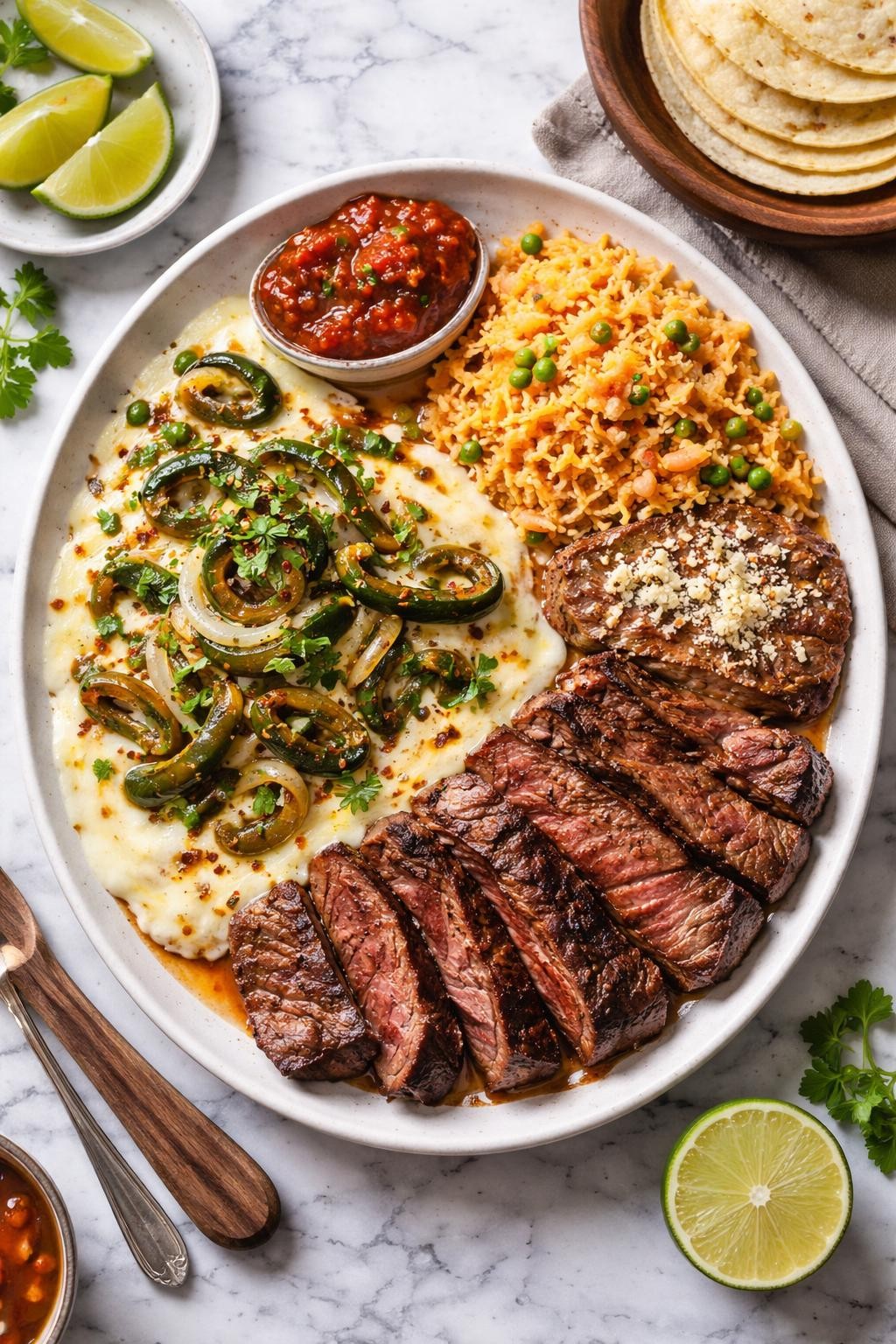 An overheard picture view of a plate of Arrachera con Queso   sitting on a marble countertop table in the kitchen, professional food photography style.

